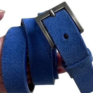 Zara Genuine Suede Leather Belt Electric Blue Pewter Toned Square Buckle Size ML
